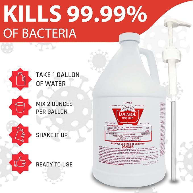 Lucasol One Step Disinfectant 1-Gallon with Attachable Pump Dispenser, All-Purpose Cleaner for Hospitals, Schools, Salons, Household Use and More