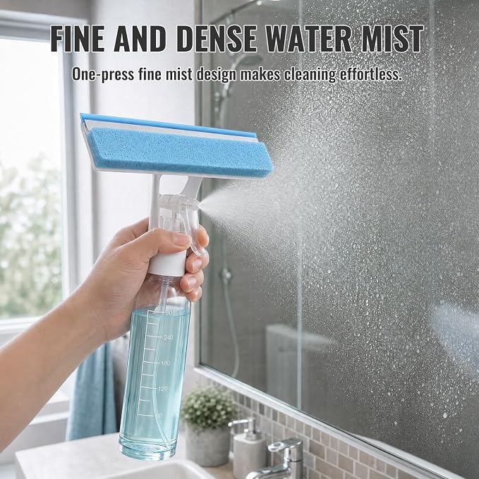 3-in-1 Window Squeegee for Window Cleaning with 300ML Tank & Scrubber | Window Cleaning Kit with Sponge Scrubber, Shower Squeegee for Glass Doors, Mirrors, Windshields, Car Windows & Hanging Hole