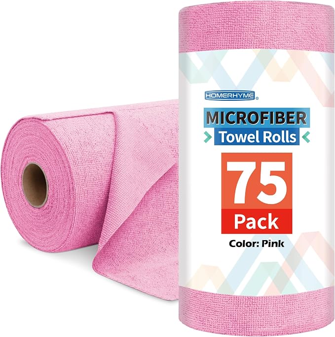 Microfiber Cleaning Cloth Roll, 75 Pack Tear Away Microfiber Towel, Reusable Washable Shop Towels, Lint Free Cleaning Rags for Car Home Kitchen Garage & Automotive 11.5"x11.5" Pink
