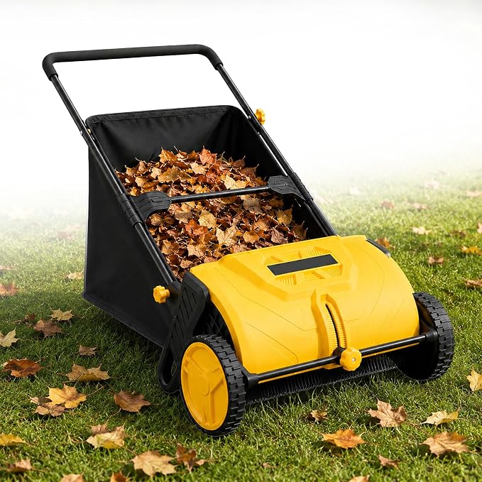 22-Inch Push Lawn Sweeper, Leaf & Grass Collector for Clippings, Wet Leaves & Twigs with 3.5 Ft³ Hopper Bag, 10-Inch All-Terrain Wheels, Adjustable Sweeping Height, Leaf Sweeper for Lawn, Yard, Garden