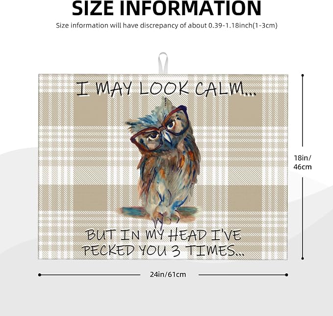 Kitchen Drying Mat Funny Owl Dish Drainer Mat for Kitchen Counter Microfiber Absorbent Reusable Washable 18x24 Inch Home Holiday Decor Cute Buffalo Plaid Drying Pad