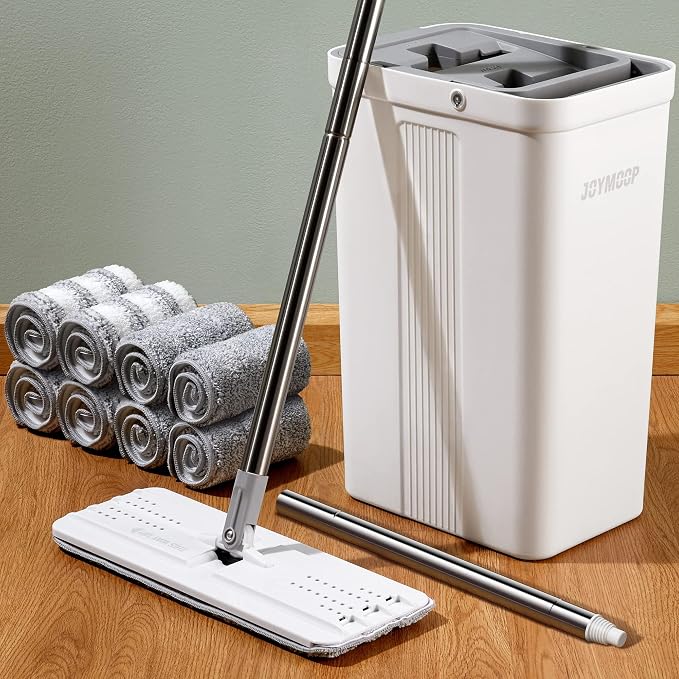 JOYMOOP Flat Mop System, Microfiber Mop and Bucket Set, White, Household & Commercial Floor Cleaning Mop with Long Handle, Wet Dry Use, Includes 8 Mop Pads