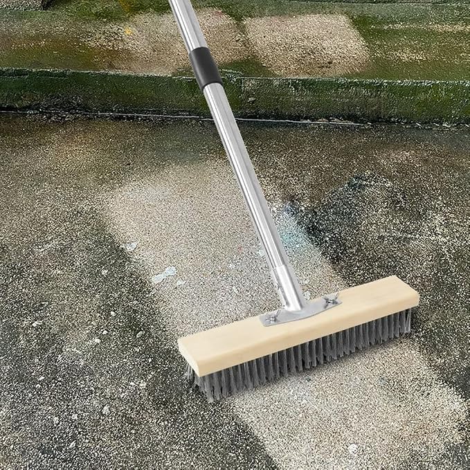 Heavy Duty Floor Scrubber,Deck Brush with Long Handle,56L''×12W Stainless Steel Wire Scrub Brush, Stiff Metal Bristle Scrubber Broom for Deck, Concrete, Patio Floor Cleaning Moss Removal
