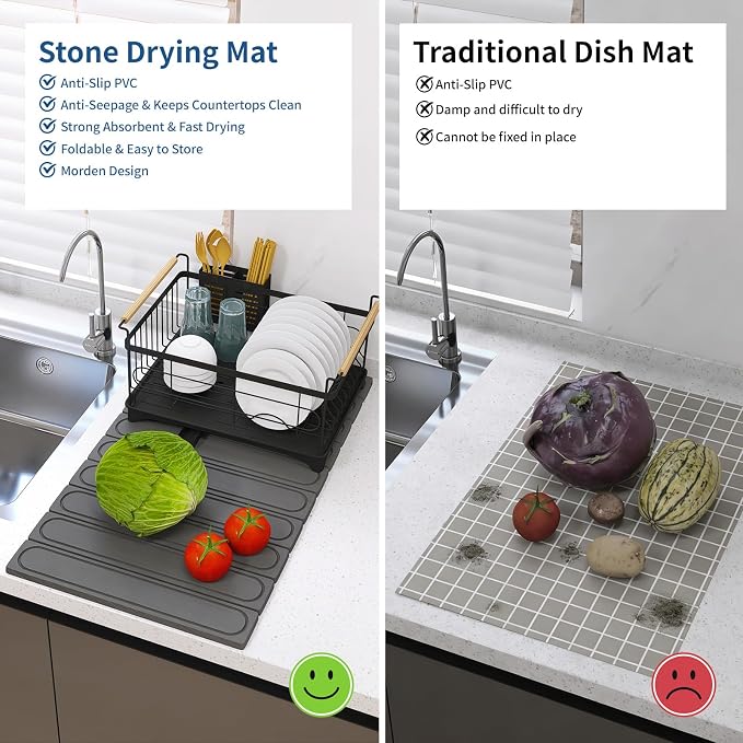 Hopegiver Stone Drying Mat for Kitchen Counter, 24" x 16" Quick Dry Diatomaceous Earth Dish Drying Mat, Super Absorbent, Non-Slip & Foldable, Modern Gray Carve Countertop Mat (GrayCarve,24''x16'')