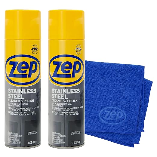 Zep Stainless Steel Cleaner & Polish 14 oz (2 Units) & a Microfiber Rag ECBD029-2-Pack Fingerprint Remover and Polish for Stainless Steel Refrigerators, Dishwashers, & Appliances with a Reusable Rag