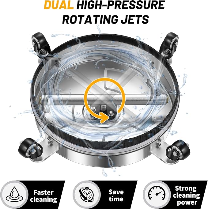 LidoDola 14'' Pressure Washer Surface Cleaner, Power Washer Accessory | Stainless Steel Housing with 4 Wheels, 1/4" QC, 2 Extension Wands & 2 Replacement Nozzles, for Gas & Electric Pressure Washer