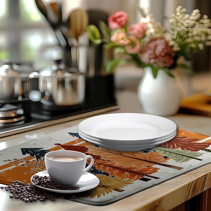 Fall Maple Tree Dish Drying Mats Thanksgiving Dish Mat Colorful Autumn Drying Matt Dishes Dryer Pad for Kitchen Counter Absorbent Microfiber Washable Foldable Reusable 18x24 in