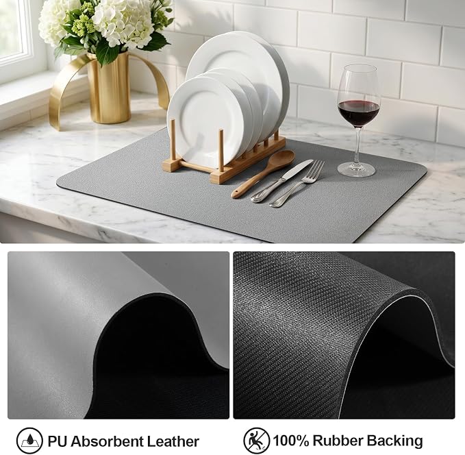 Ecotrim - Dish Drying Mat for Kitchen Counter | Coffee Bar Mat for Countertops | Heat Resistant Drainer Mat with Non-slip Rubber Backed | Hide Stain Kitchen Absorbent Draining Mat | Grey 18"x24"