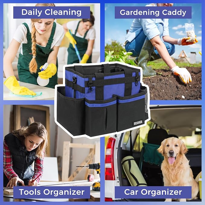 SCAVATA Compact Wearable Cleaning Caddy with Handle & Shoulder Straps | Small Cleaning Supplies Organizer, Under Sink & Car Cleaning Tools Storage Bag for Housekeepers Cleaners, Blue