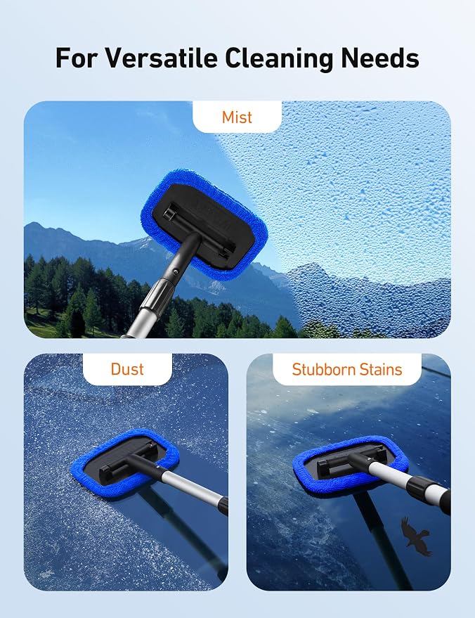 AstroAI Windshield Cleaner, Microfiber Window Cleaner with 4 Reusable Washable Large Sponge Pads, Extendable 180° Rotating Handle, Fits Cars & SUVs, Includes Spray Bottle, Blue