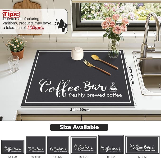 Findosom Dish Drying Mat, 18" x 24" Super Absorbent & Hide Stain Coffee Mat, Cuttable Drying Mat for Kitchen Counter, Coffee Bar Accessories, Under Dish Rack, Coffee Maker, Espresso Machine, Black