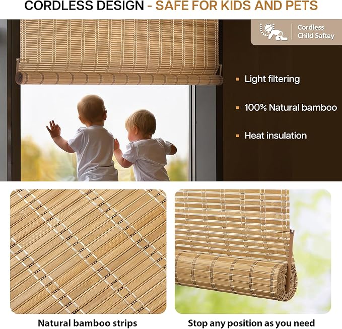 LazBlinds No Drill Bamboo Roller Shades, Brown206, 12" W x 70" H | No Tools Cordless Bamboo Blinds, Light Filtering Roll Up Blinds for Windows, French Door, Porch or Patio Privacy Screen