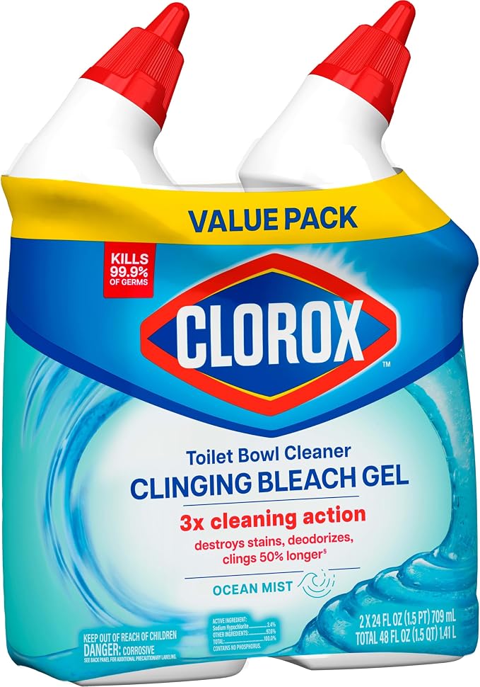 Clorox Toilet Bowl Cleaner Clinging Bleach Gel, Kills 99.9% of Bacteria and Viruses, Ocean Mist, 24 Fl Oz, Pack of 2