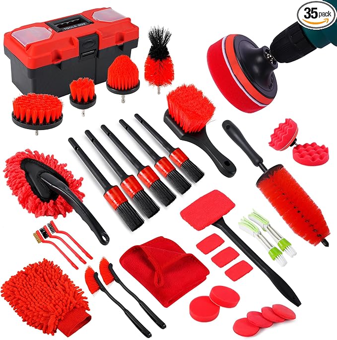 35Pcs Car Detailing Kit & Car Cleaning Kit, B：35PCS-R | Windshield Tool, Long Wheel Brush & 2 Angled Brushes, 4 Polishing Pads & 4 Wax Pads, Red Tool Box, Gift for Men