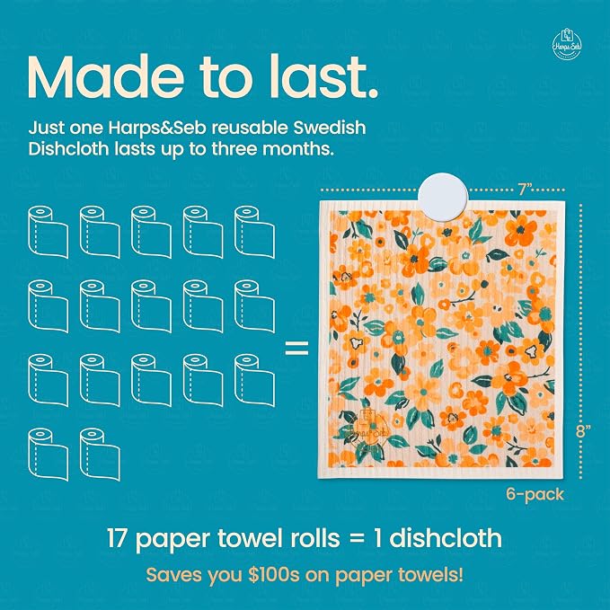Harps&Seb Swedish Dishcloths for Kitchen Dishcloths - 6 Pack, Reusable Paper Towels with Clips, Super Absorbent Washable Non-Scratch Swedish Dish Towels, No Odor, Biodegradable