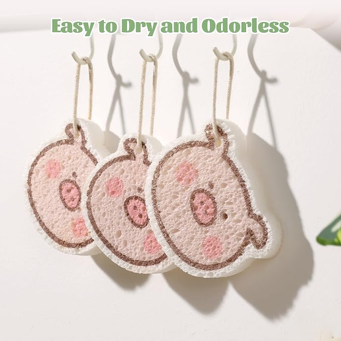 JOYMOOP Kitchen Sponge for Washing Dishes, 4 Pack Cartoon Cellulose Sponges for Cleaning, Reusable Non-Scratch Sponges for Household, Car Interior and Pet Supplies - Piggy Pattern