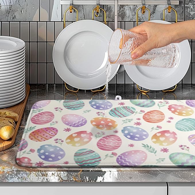 Easter Dish Drying Mat for Kitchen Counter Easter Spring Colorful Eggs Floral Drying Mats Absorbent Reversible Microfiber Washable Draining Pad Washable Dry Mat 18x24 Inch