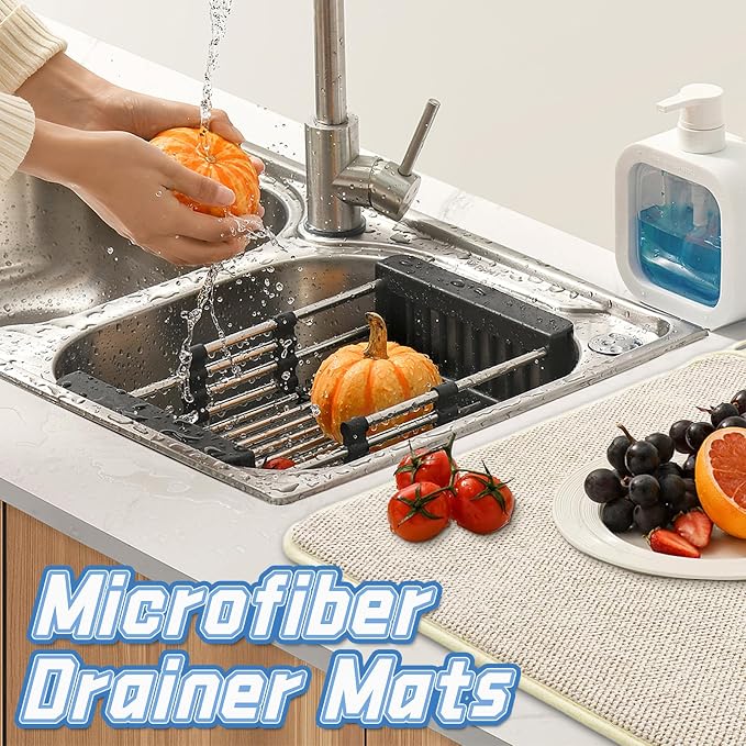 3 Pack XXL Dish Drying Mats,24×17" Absorbent Microfiber Dishes Drainer Mats,Large Size Pads for Kitchen Counter,Coffee,Rack,Under Sink(Beige,Blue,Gray)