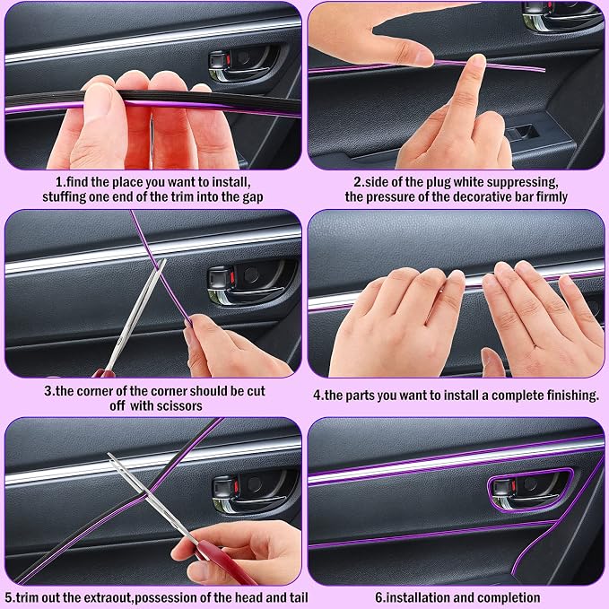 32 Feet Car Interior Moulding Trim Strips Universal Car Decoration Pinstriping Filler Insert Strips Dashboard Decorative DIY Flexible Garnish with Installing Tool(Simple Style,Purple)