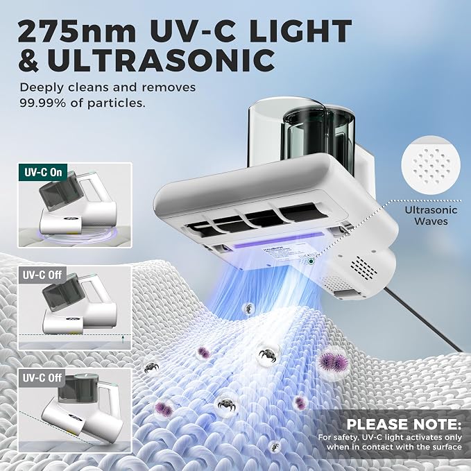 HAUSHOF Mattress Vacuum Cleaner, 16 Kpa Bed Vacuum Cleaner | 275nm UV-C Light, 140°F Heat, Ultrasonic, HEPA Filter, Dual Dust Cups, Versatile Handheld Vacuums for Bed, Sofa, Couch