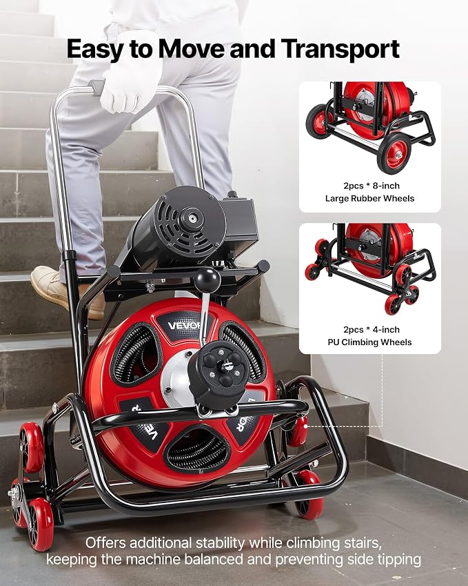 VEVOR Drain Cleaner Machine 100 FT x 3/8 Inch, Auto Feed Sewer Snake Auger, Portable Drain Cleaning Machine with Climbing Wheels, Adjustable Drum, 8 Cutters & Foot Switch for 2" to 4" Pipes