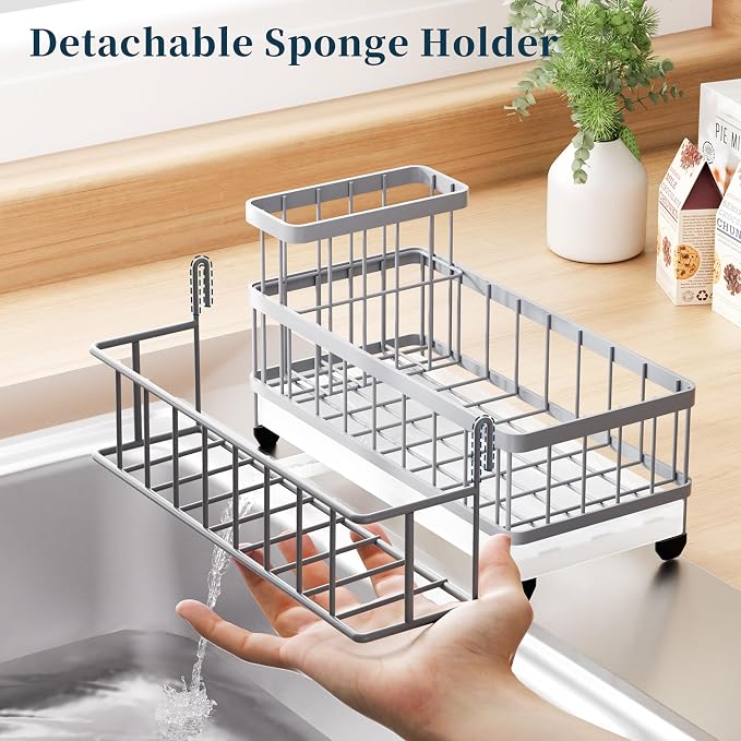 Consumest Sponge Holder for Kitchen Sink - Auto Draining Sink Caddy Organizer with Detachable Rack, High Brush Holder, Kitchen Countertop Storage Accessories, Grey