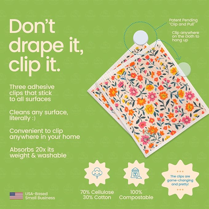 Harps&Seb Swedish Dishcloths for Kitchen Dishcloths - 6 Pack, Reusable Paper Towels with Clips, Super Absorbent Washable Non-Scratch Swedish Dish Towels, No Odor, Biodegradable