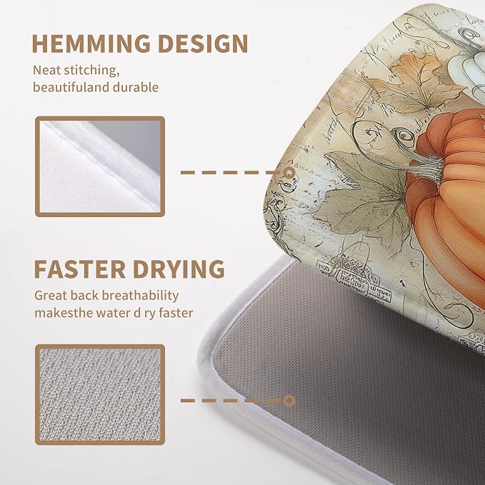 Fall Dish Drying Mats for Kitchen Counter Autumn Pumpkin Maple Leaf Vintage Drying Mats Thanksgiving Holiday Dishes Drainer Pad Microfiber Absorbent Reversible Dish Draining Mat 18x24 Inch