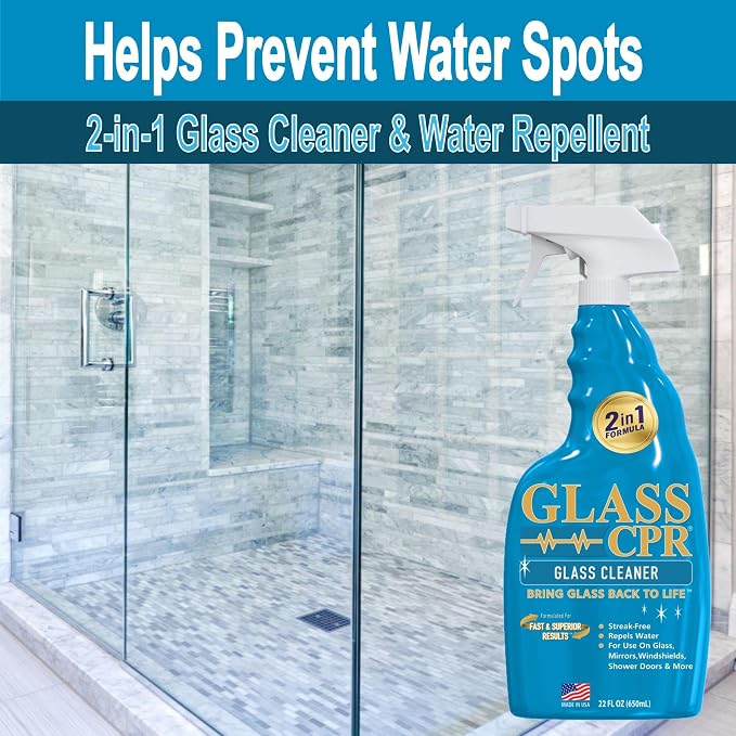 CPR Glass 2-in-1 Glass Cleaner & Water Repellent, 22 oz | Includes 2 Microfiber Applicator Towels, Streak-Free, Water Stain Formula, Made in USA