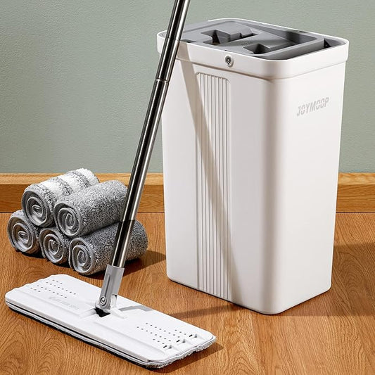 JOYMOOP Flat Mop System, Microfiber Mop and Bucket Set, White, Household & Commercial Floor Cleaning Mop with Long Handle, Wet & Dry Cleaning for Hardwood Floors, Includes 5 Pads