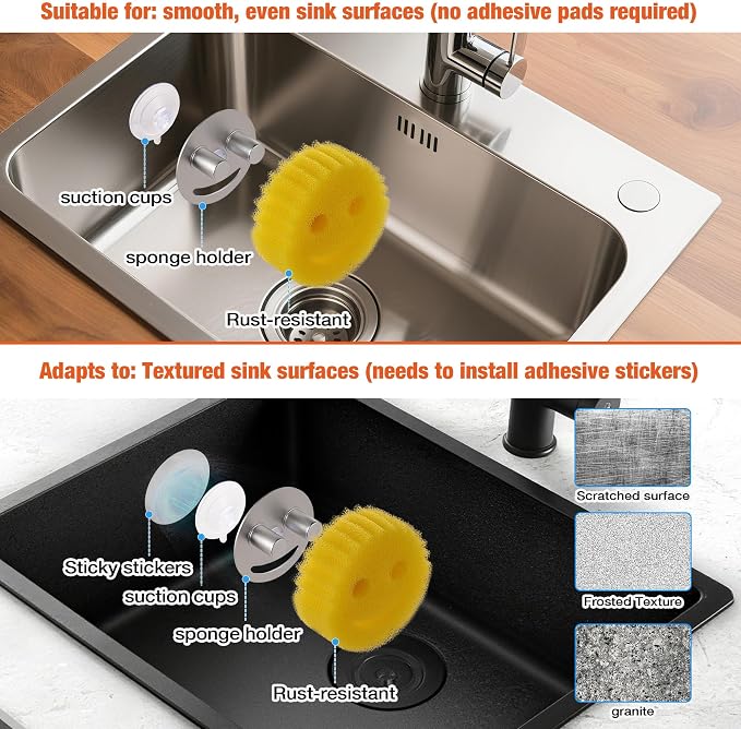 Smiley face sponge holder, kitchen Sink Caddy Organizer with Suction cup,Made of rust-proof aluminum that never rusts for Mommy & Daddy Sponges Black (1-Pack）