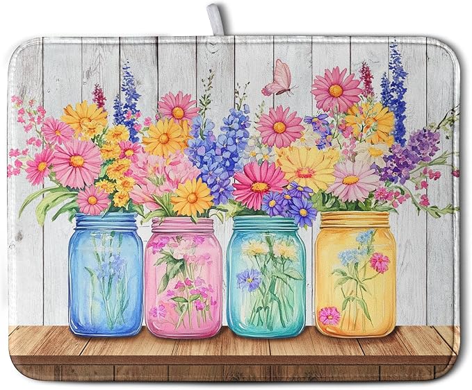 Daisy Dish Drying Mat for Kitchen Counter Spring Summer Flowers Vases Dishes Pad Microfiber Absorbent Dish Draining Mats Rustic Farmhouse Floral Wooden Board Dish Drainer Rack Mat 18x24 Inch