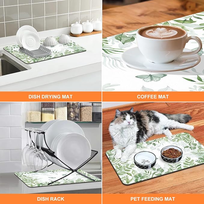 LOKHOM Dish Drying Mat for Kitchen Counter, 12"x20" Absorbent Coffee Bar Mat with Green Plant & Butterfly, Dish Drainer Rack Mats for Kitchen Counter Coffee Maker Pot Dining Room Decoration