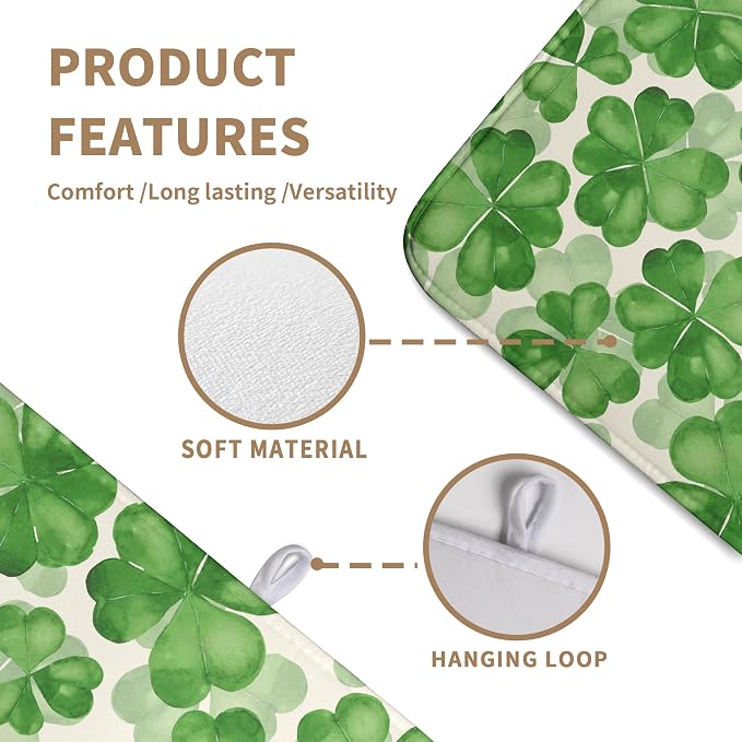 St Patrick's Day Green Clover Drying Mat for Kitchen Counter Watercolor Shamrock St Patricks Day Dish Drying Mats Spring Lucky Clovers Absorbent Reversible Dish Drainer Rack Mat Dish Pad 18x24 Inch