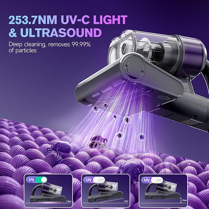 Mxnsewr Mattress Vacuum Cleaner, Ultrasonic Bed Vacuum Cleaner with 18Kpa Strong Suction, 150°F Heat & 253.7nm UV-C Light, Intelligent Dual Cup, One-Click Dust Removal for Bed, Sofa, Carpet, Gray