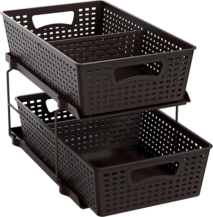 Simple Houseware 2 Tier Pull-Out Sliding Drawer Under Sink Storage, Brown | Great for Kitchen Bathroom Tray Shelf Organizer