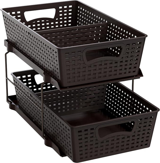 Simple Houseware 2 Tier Pull-Out Sliding Drawer Under Sink Storage, Brown | Great for Kitchen Bathroom Tray Shelf Organizer