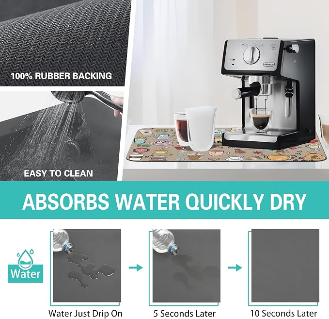 Super Absorbent Anti-Slip Silicone Dish Drying Mats for Kitchen Counter - Draining Pad Decor Gift - Fit Coffee Maker, Espresso Machine - 19inx12in