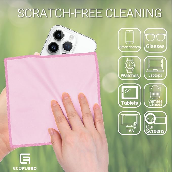 Eco-Fused Microfiber Cleaning Cloths Double-Sided - 5 Pack - 6.6 x 6.2 inch - Microfiber and Suede Cloth for Smartphones, LCD TV, Tablets, Laptop Screens, Camera Lenses (Pink)
