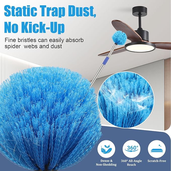Cobweb Duster with Extension Pole - 10 FT Lightweight Stainless Steel Extendable Duster Ceiling Fan Duster for High Ceilings, Medium Stiff PET Bristle Spider Web Brush for Indoor/Outdoor Cleaning