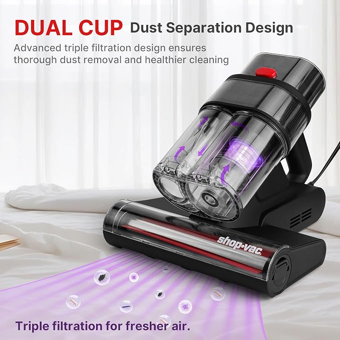 Shop-Vac Mattress Vacuum Cleaner, 14KPa Powerful Bed Vacuum, 5430326 | HEPA Filter & UV-C Light, Ultrasonic, 36960 Rpm/Min Tapping, Dual Cup Filtration, For Bed, Sofa, Couch, 400W, 15.4 Ft Corded