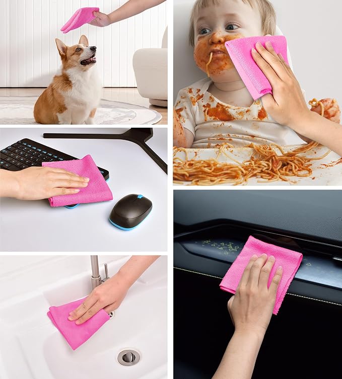 KitchLife Microfiber Cleaning Cloth Roll - Tear-Away Reusable Microfiber Paper Towels, Lint-Free, Washable, 20 Sheets for Kitchen, Car, Dishes, and Sensitive Surfaces (Hot Pink)