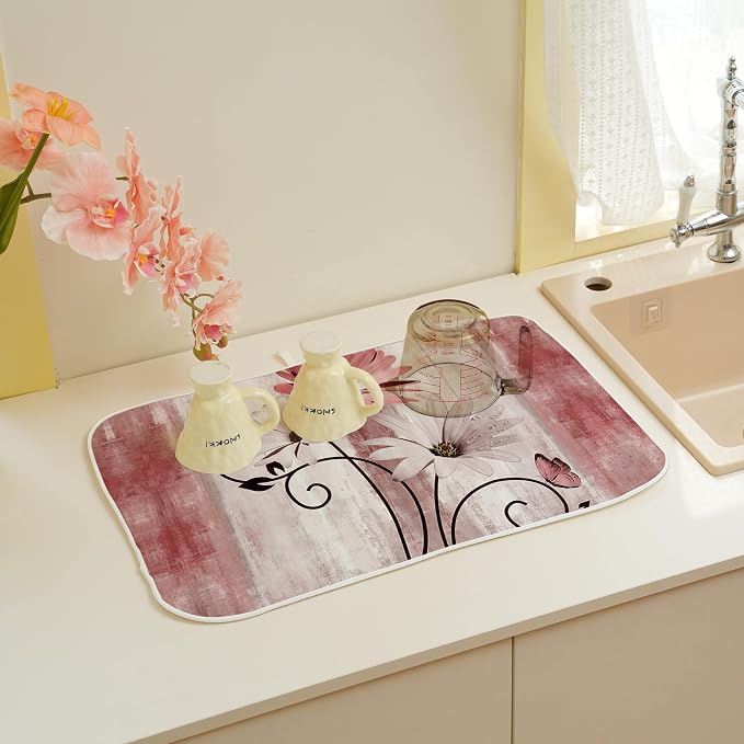Floral Dish Drying Mat 18x24 Inches For Kitchen Counter Pink Daisy Flower Kitchen Decoration Drying Mat Modern Decorative Drying Pad For Home Kitchen Decor,Dining Room,Office Decoration
