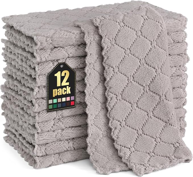 Homaxy 12 Pack Kitchen Dish Cloths (10 x 10 Inches, Grey), Super Soft and Absorbent Coral Velvet Dish Towels, Nonstick Oil Fast Drying Microfiber Cleaning Cloth, No Lint Household Dishcloths