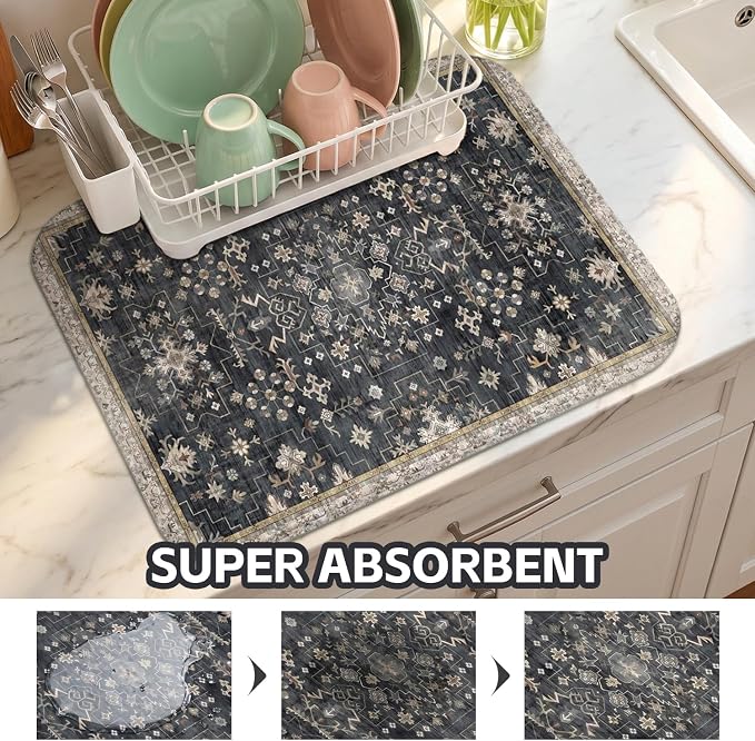 Boho Dish Drying Mat for Kitchen Counter,Vintage Dark Grey Modern Farmhouse Absorbent Microfiber Reusable Washable Non-Slip Dish Drainer Draining Mats Dishes Pad for Kitchen Decor 18x16 Inch