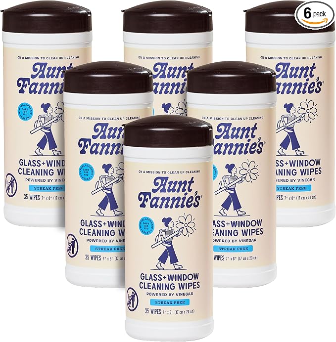 Aunt Fannie's Glass & Window Cleaning Wipes, Natural Streak-Free Glass Cleaner, 35 Count (Pack of 6)
