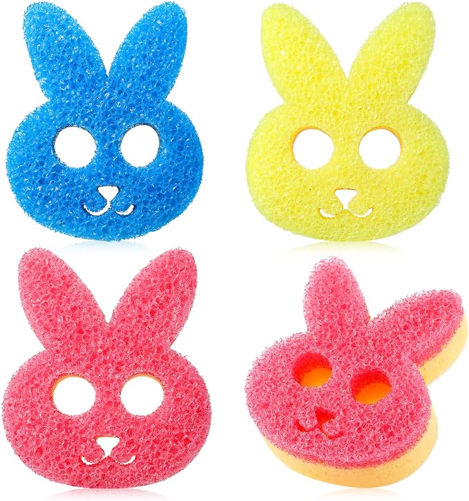 FillTouch 3 Pcs Dual Sided Scrub Sponge Multi Functional Cute Temperature Sensitive Non Scratch Dish Sponge for Washing Dishes Kitchen Bathroom(Rabbit,Pink, Yellow, Blue)