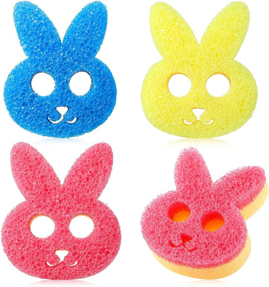 FillTouch 3 Pcs Dual Sided Scrub Sponge Multi Functional Cute Temperature Sensitive Non Scratch Dish Sponge for Washing Dishes Kitchen Bathroom(Rabbit,Pink, Yellow, Blue)