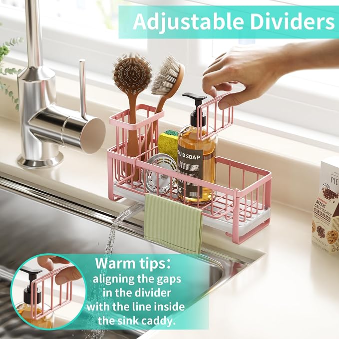 HapiRm Sponge Holder for Kitchen Sink - Self-draining Sink Caddy with Brush and Dishcloth Holders, Stainless Steel Kitchen Organizer for Countertop - Pink