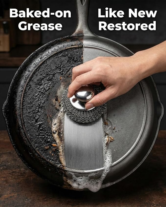 8 Pcs Steel Wool Scrubbers with 2 Pcs Handle,Stainless Steel Scouring Pads for Cast Iron Skillets, Grill & Kitchen Pots - Rust Resistant, Non-Splintering Heavy Duty for Tough Grease